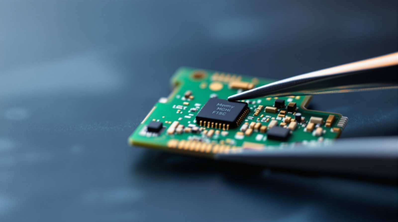 Detail of a small circuit board and memory chip under bright light
