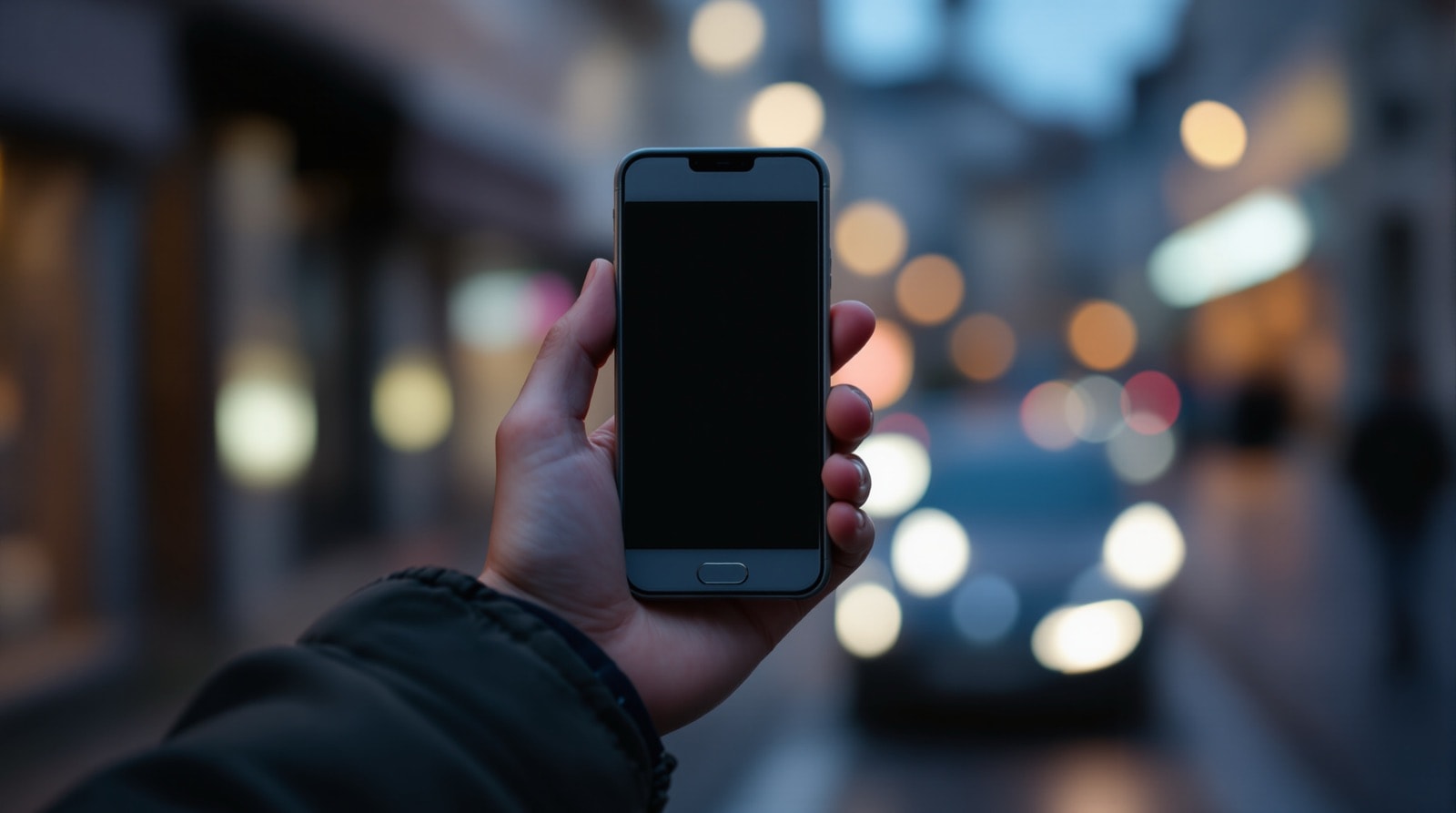 Close-up of a hand holding a small phone against a blurred street background at dusk