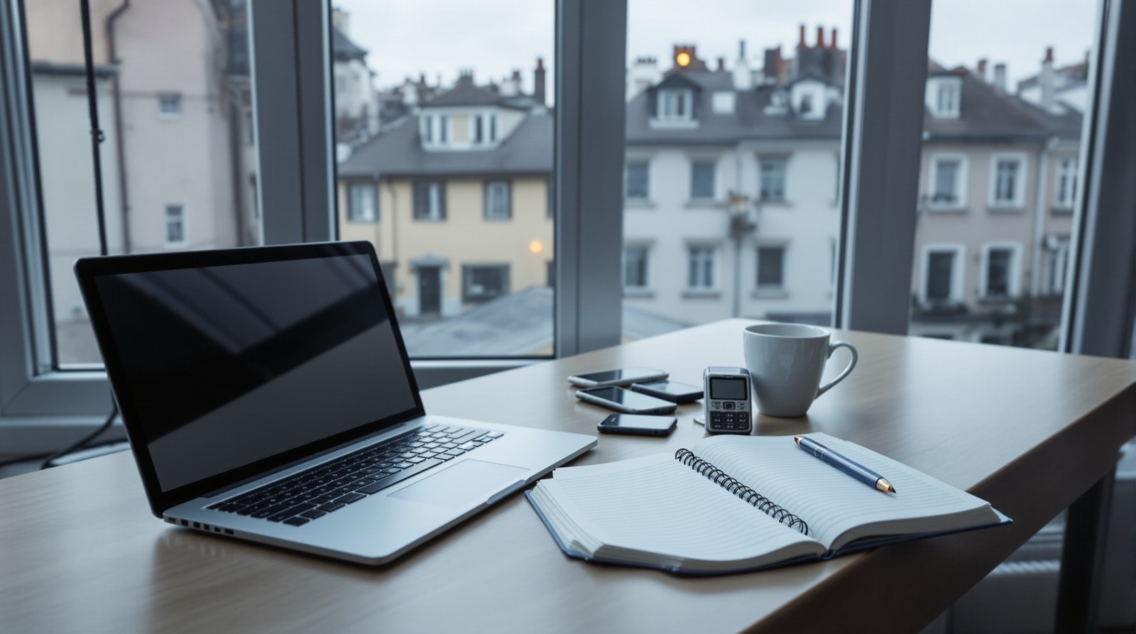 A quiet desk at a window with a laptop, notebook and a couple of old phones, city rooftops beyond