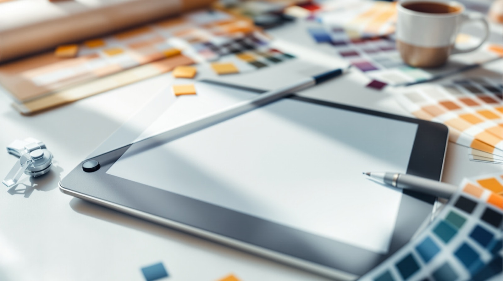 A drawing tablet, stylus and colour swatch cards arranged on a desk