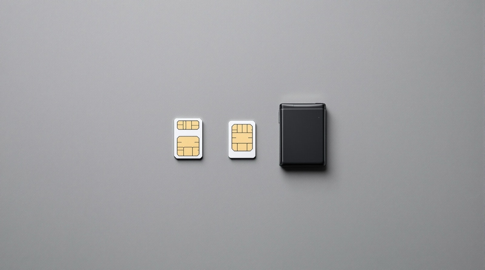 Two SIM cards and a small phone battery arranged on a plain grey surface