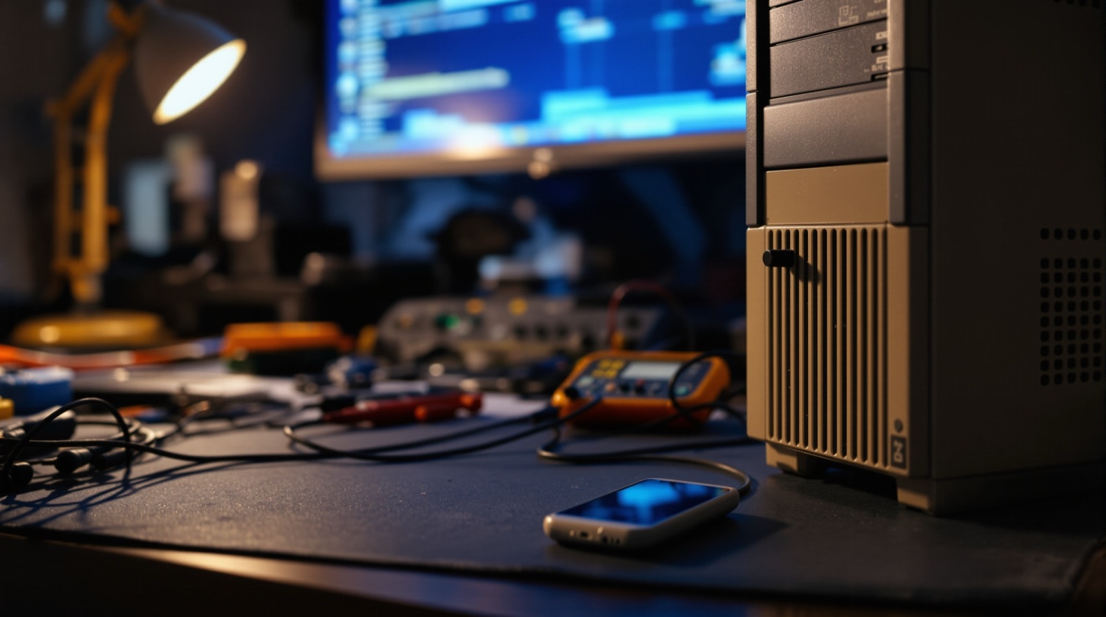 A workbench with a phone connected to a desktop computer during a firmware flashing session