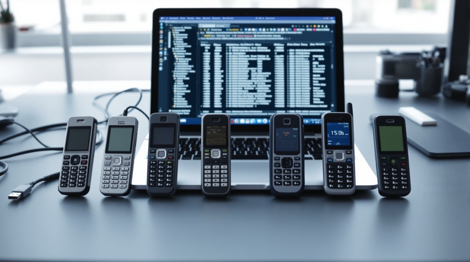 A row of mid-2000s candybar and slider smartphones on a workbench beside a laptop showing firmware tooling