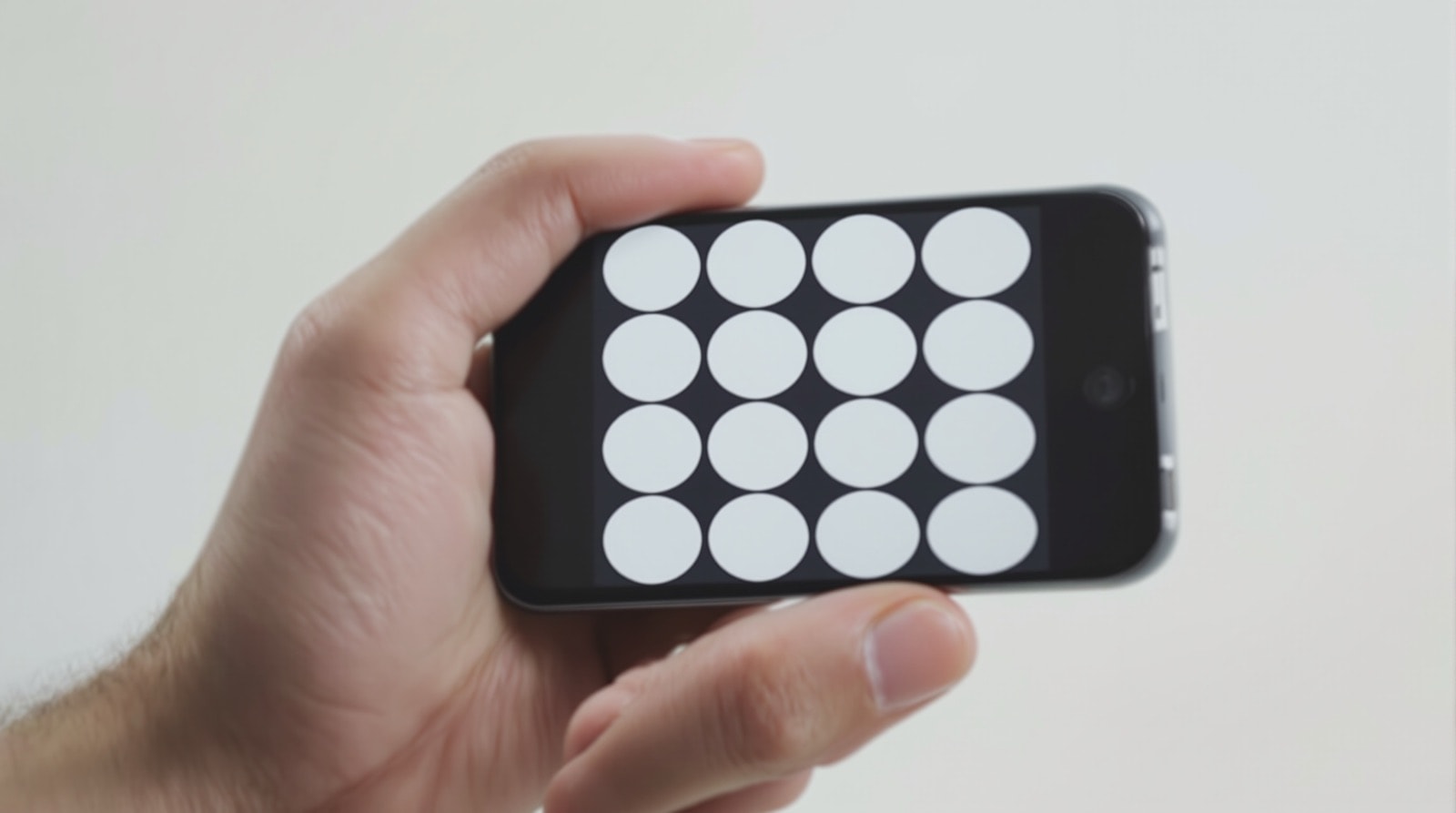 A tidy grid of blank app tiles rendered on a small phone screen held in one hand