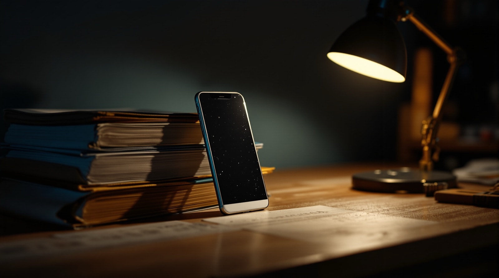 A smartphone propped against a stack of technical manuals on a desk lit by a single lamp
