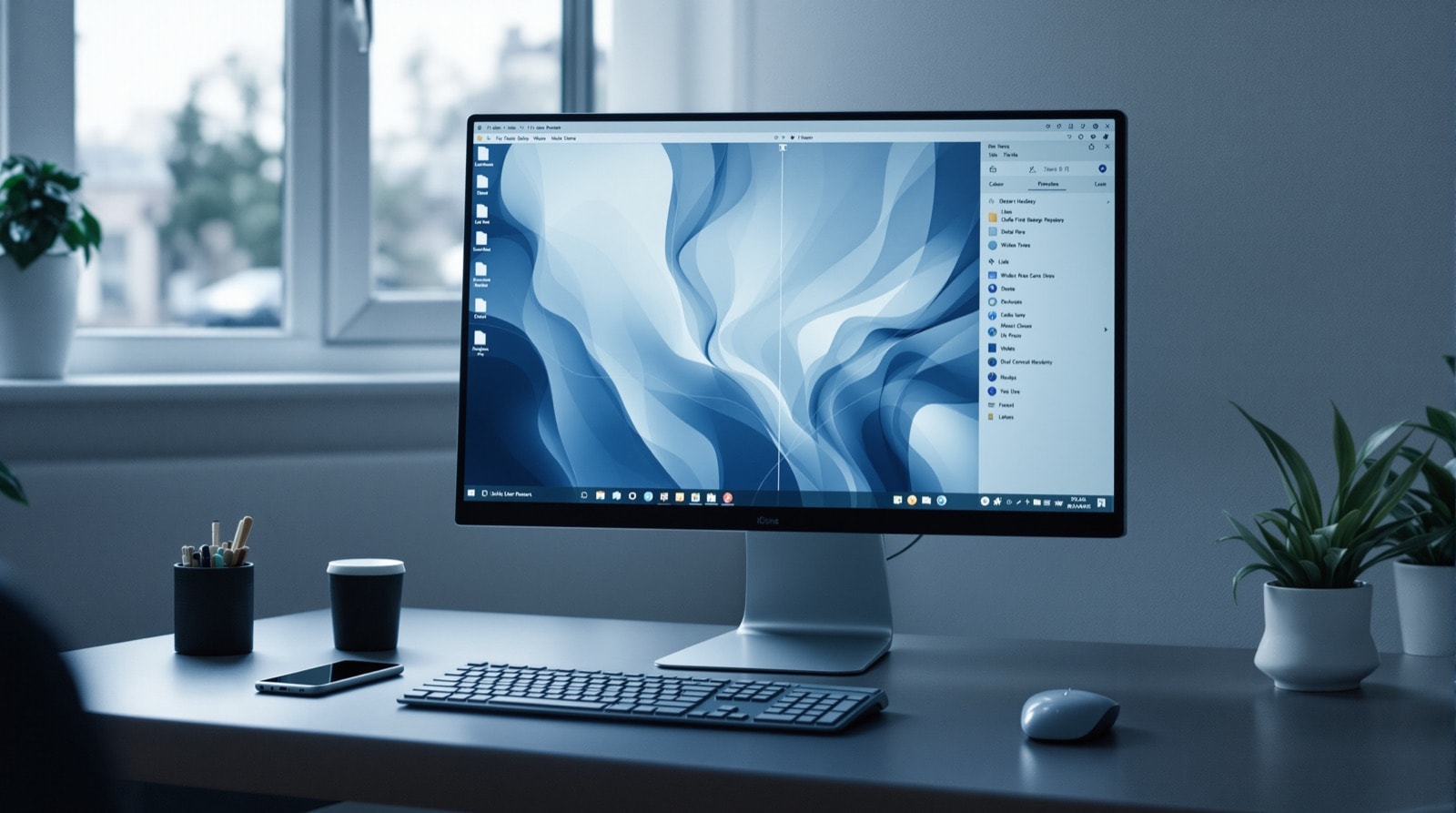 A desktop monitor showing an abstract file tree interface beside a phone on a desk