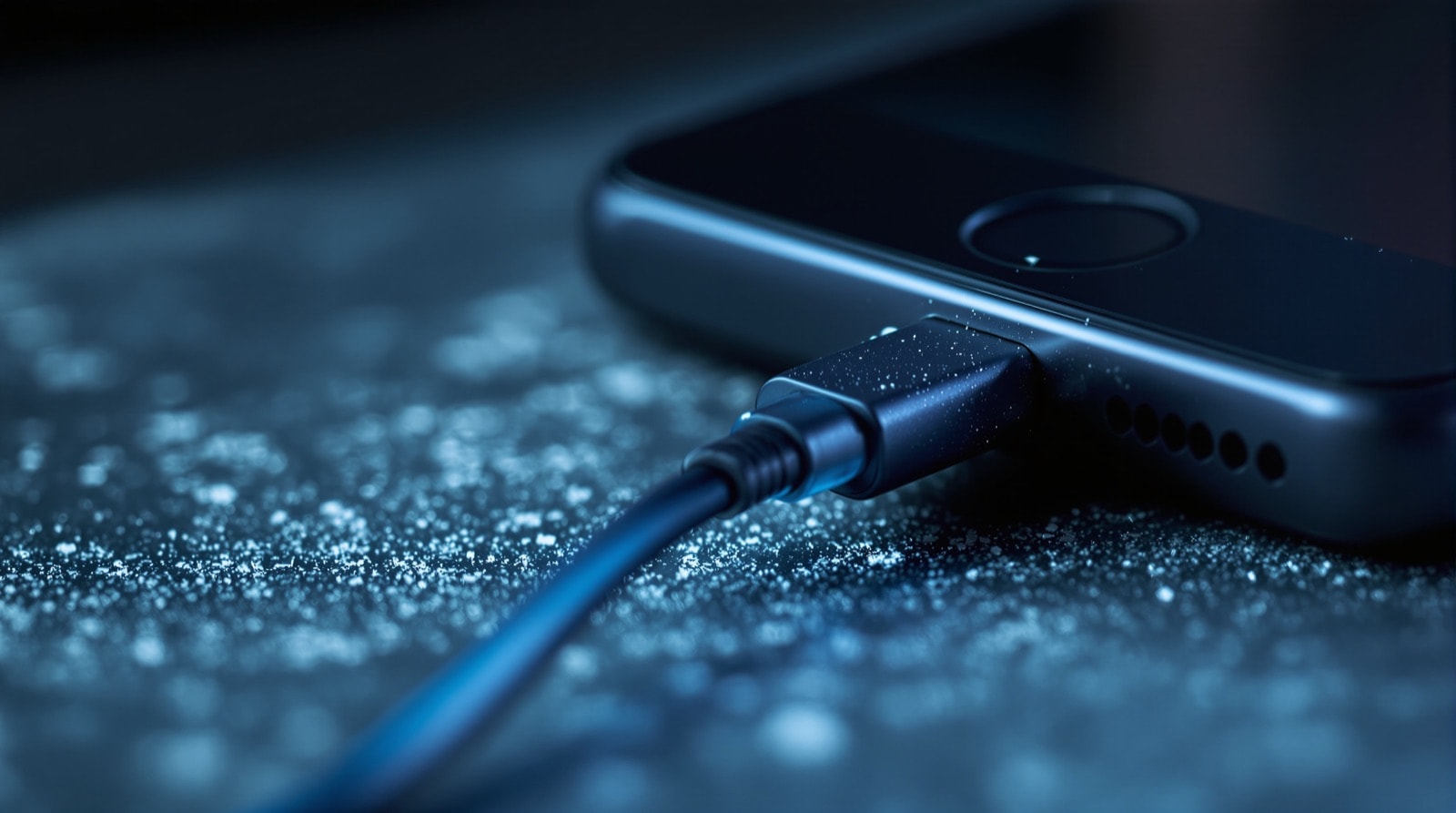 Close-up of a USB cable connected to the base of a small mobile phone